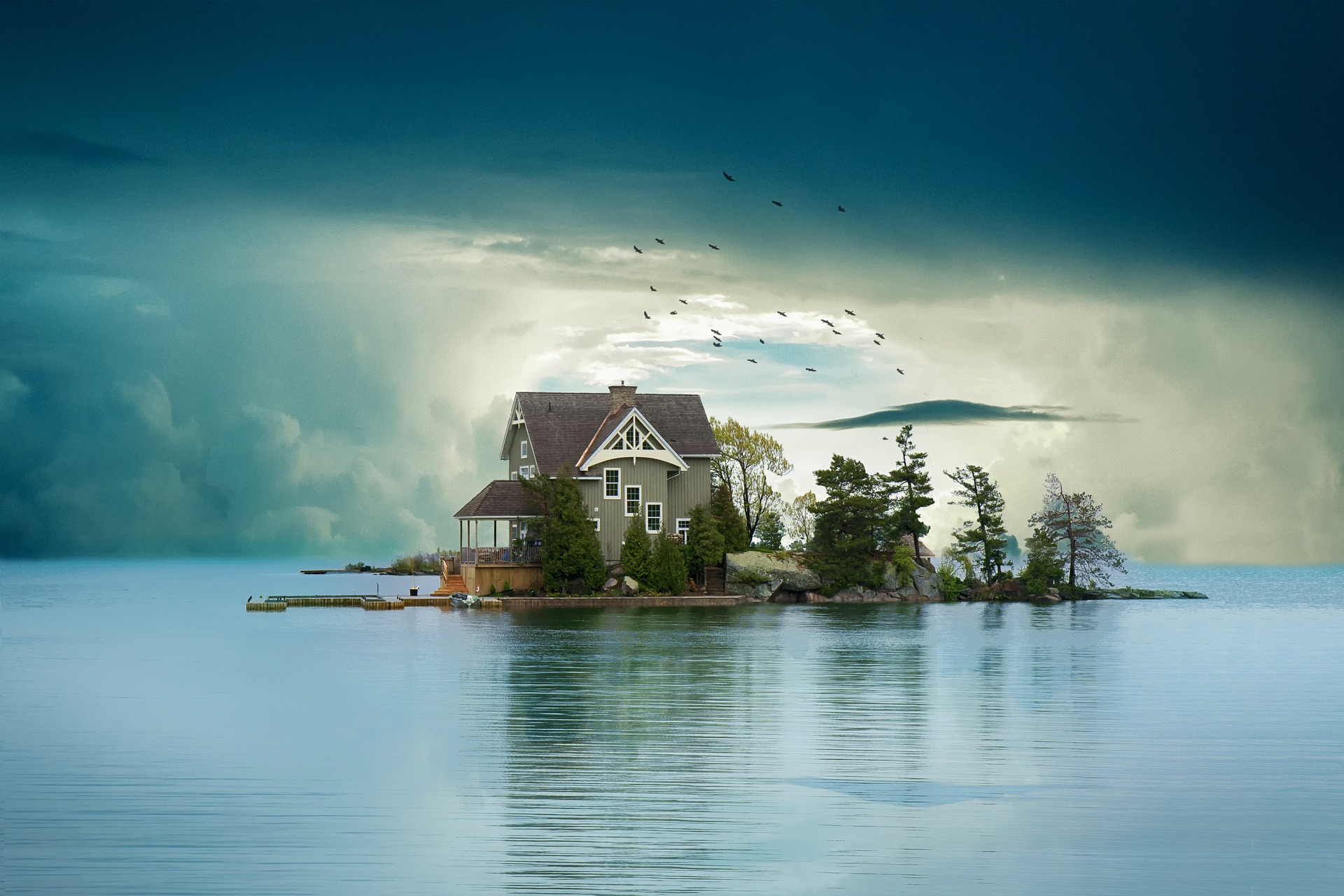 House in the middle of a lake with a fantastical background